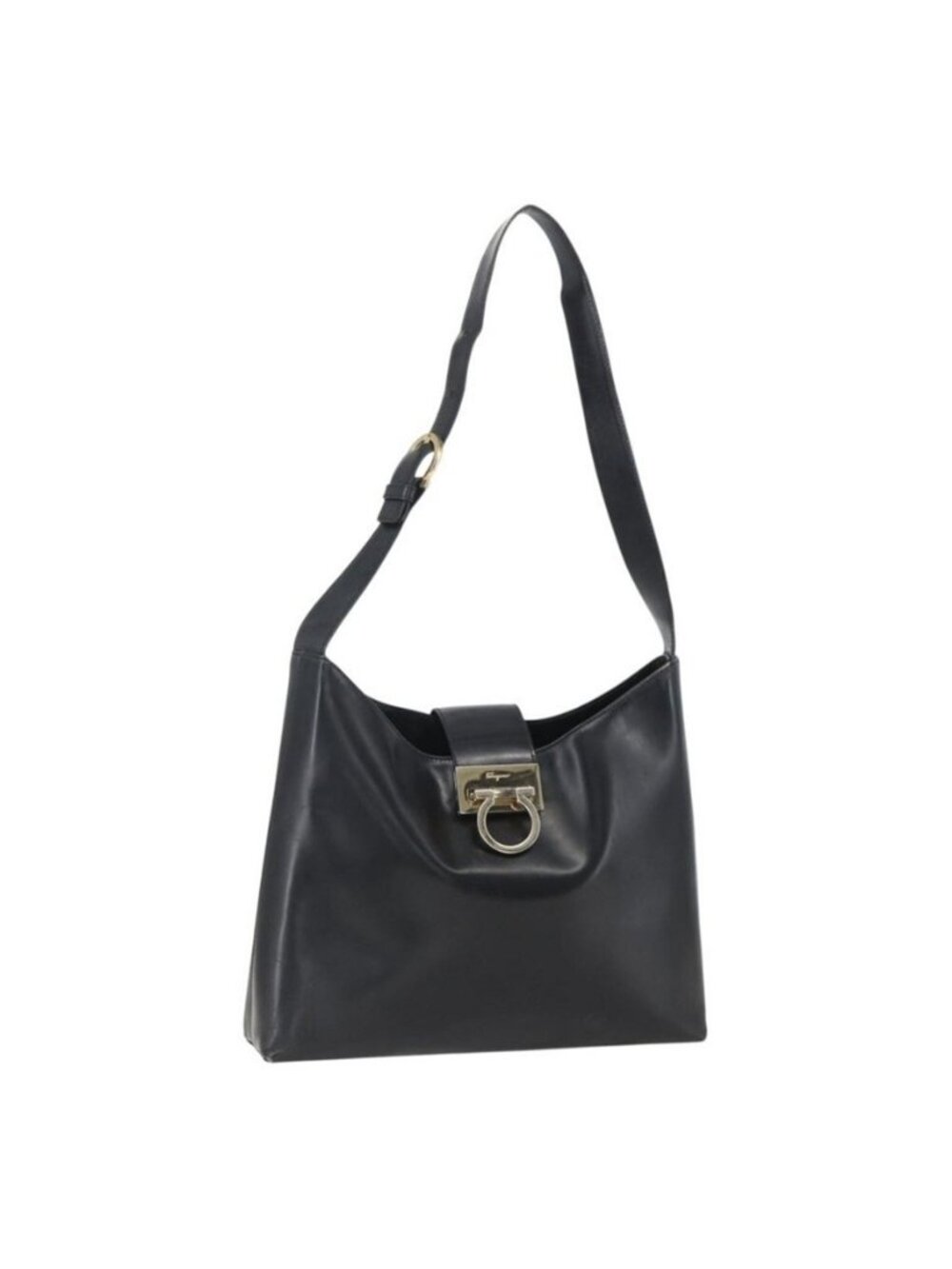 Authentic Salvatore Ferragamo Gancini Shoulder Bag Leather Black Gold